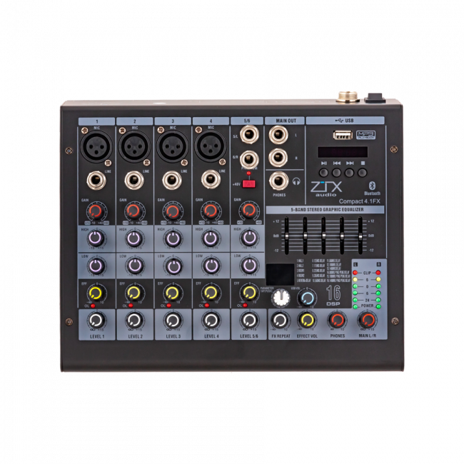 ZTX audio Compact 4.1Fx микшерный пульт 4mono, 1stereo каналы с MP3/DSP/BT ZTX audio Compact 4.1Fx микшерный пульт 4mono, 1stereo каналы с MP3/DSP/BT
