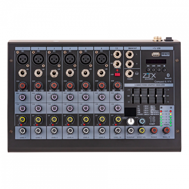 ZTX audio Compact 6.1Fx микшерный пульт 6mono, 1stereo каналы с MP3/DSP/BT ZTX audio Compact 6.1Fx микшерный пульт 6mono, 1stereo каналы с MP3/DSP/BT