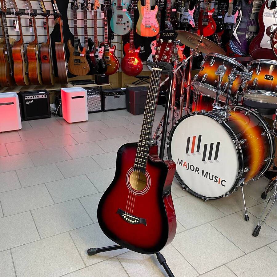 Купить Акустическая гитара Fante FT-D38-RDS красная с вырезом по цене 4 990  ₽ в интернет магазине Major Music. Характеристики, отзывы, описание, фото,  инструкции, цена Акустическая гитара Fante FT-D38-RDS красная с вырезом |